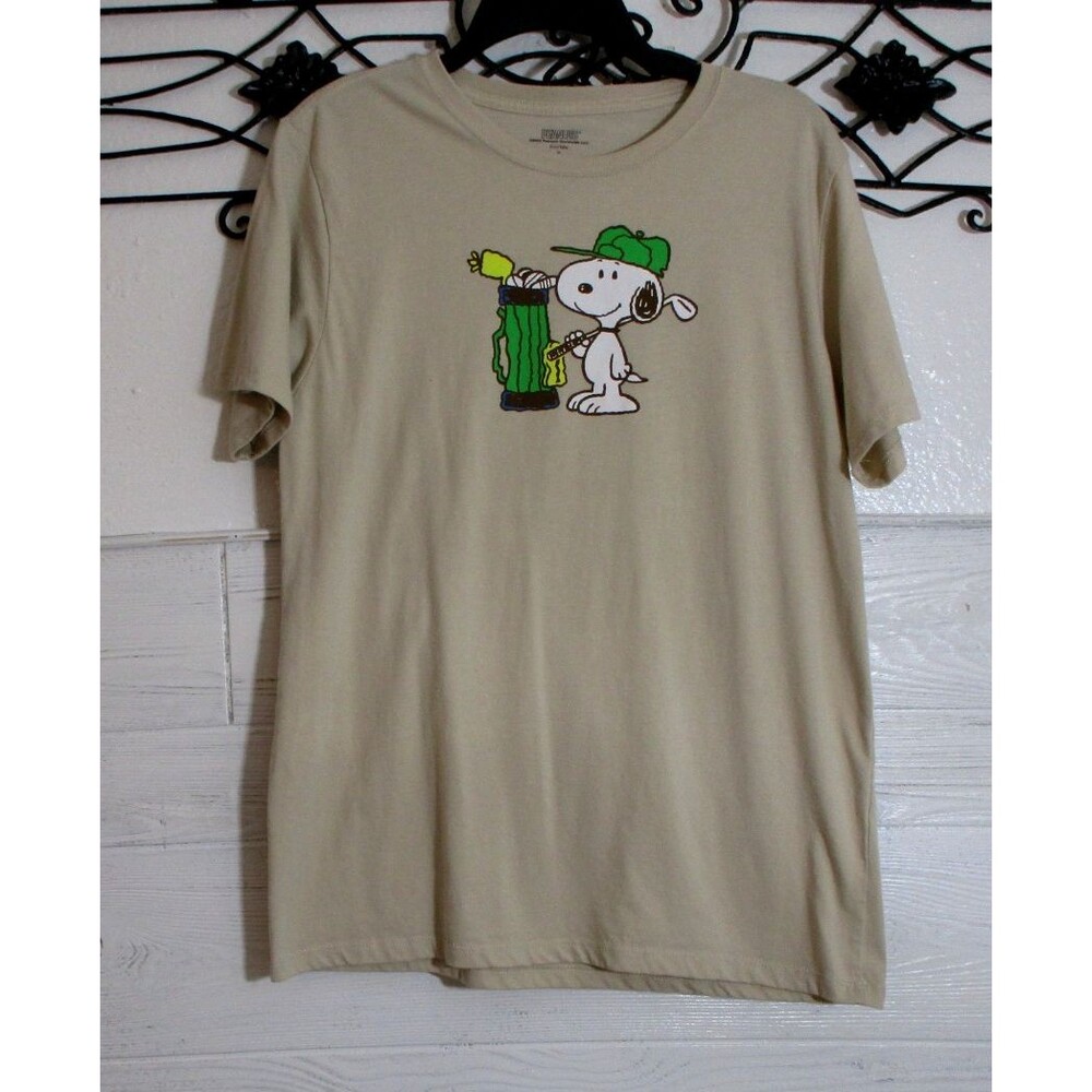 Peanuts Knit Top Women's Size M Tan Short Sleeve Round Neck Peanuts Golfing